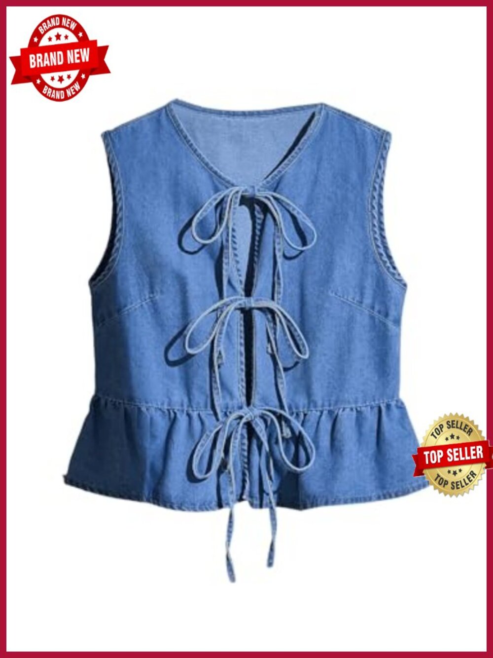 Tie Front Denim Vest V Neck Ruffle Hem Sleeveless Peplum Jean Top